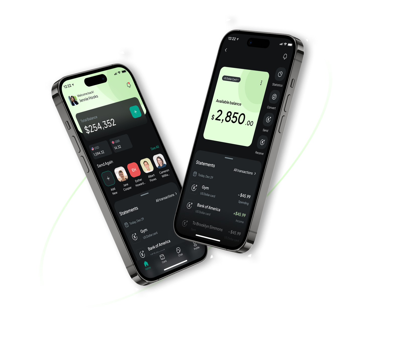 Neobank iteration — Home dashboard $254,352 and US Dollar account $2,850