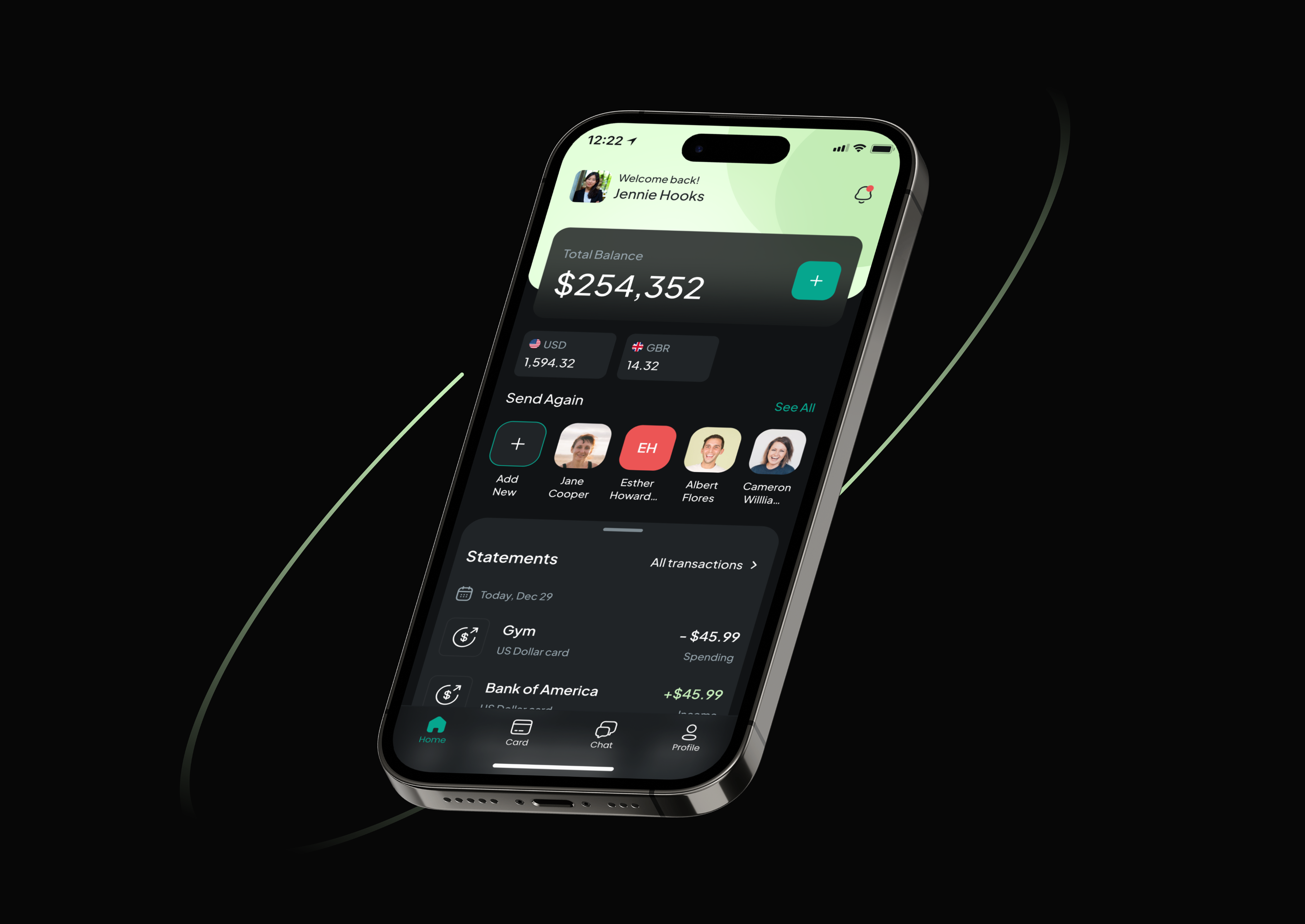 Neobank app — mobile dashboard with balance and quick actions