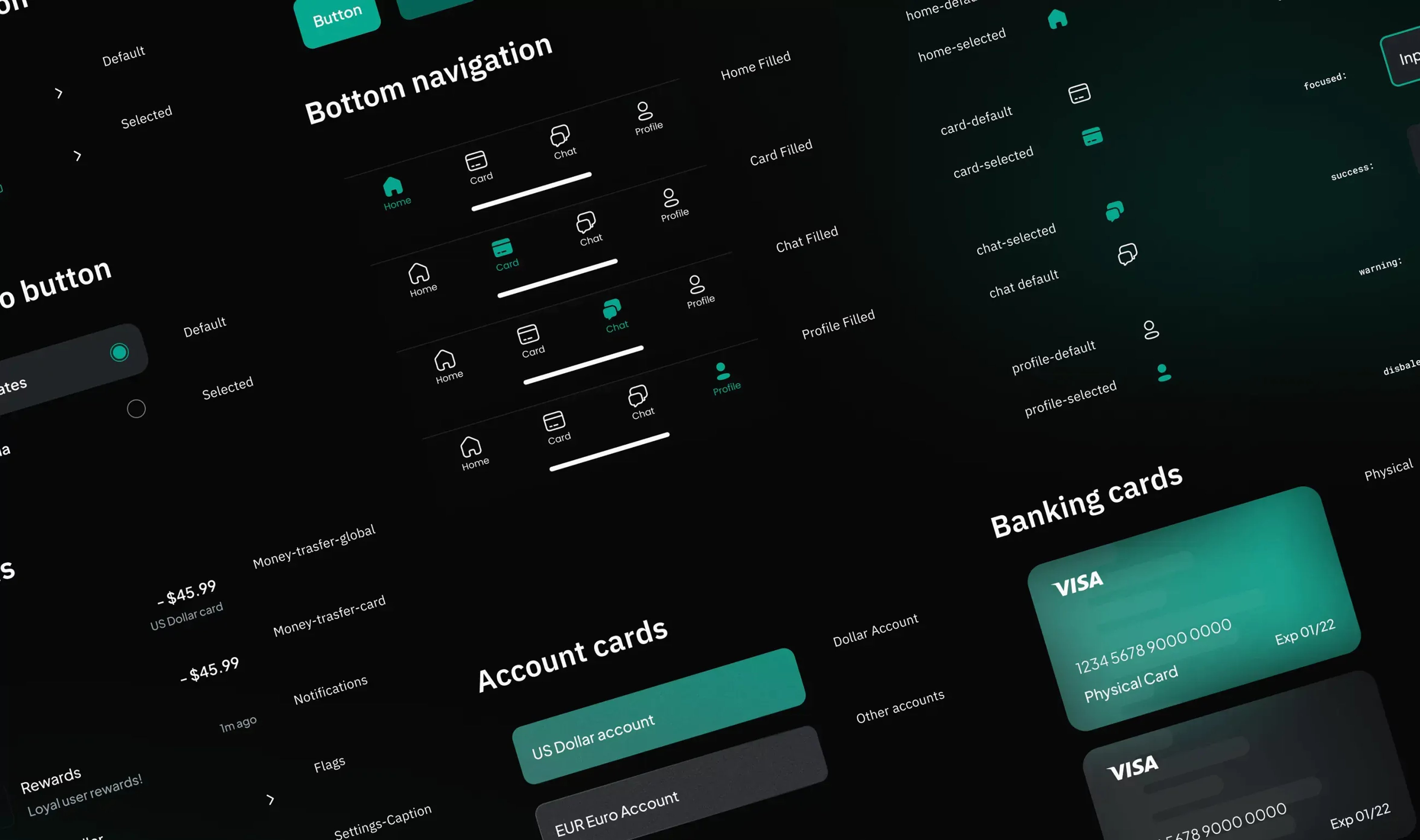 Neobank design system — UI Kit with bottom navigation, banking cards, account cards, icons, components